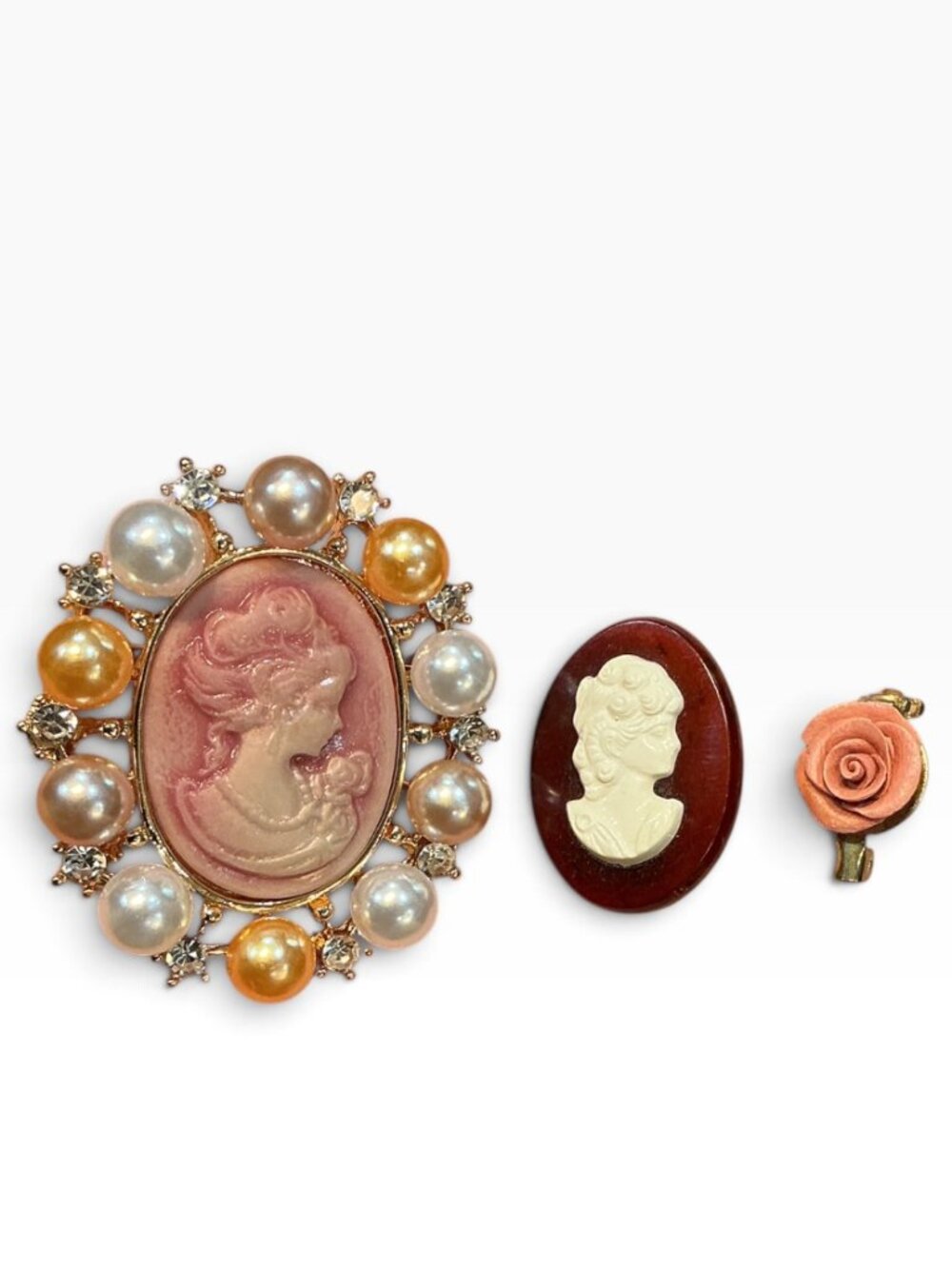 Cameo Brooch Pin Lot of 3 Faux Pearl Rhinestone Rose Portrait Unsigned